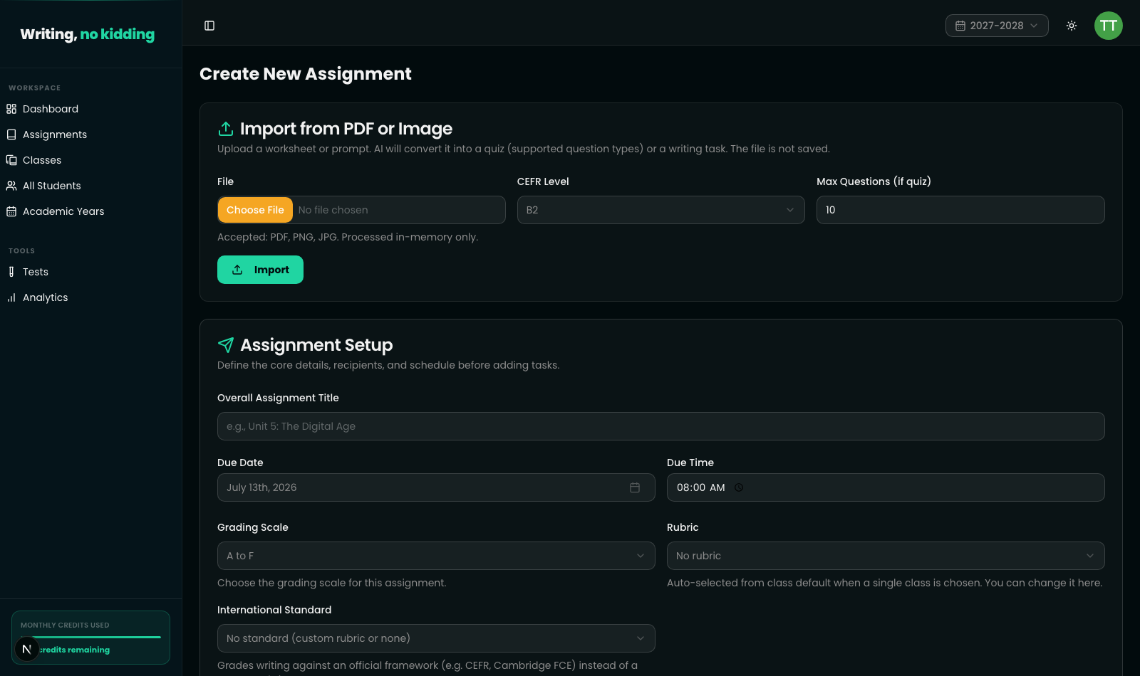 Import from PDF or Image card at the top of the New Assignment page, showing file chooser, CEFR Level dropdown, Max Questions field, and Import button